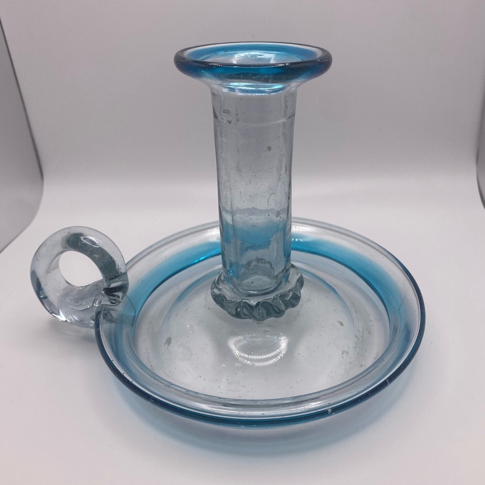 Blue And Clear Glass Candlestick Holder Applied Handle Hand Blown